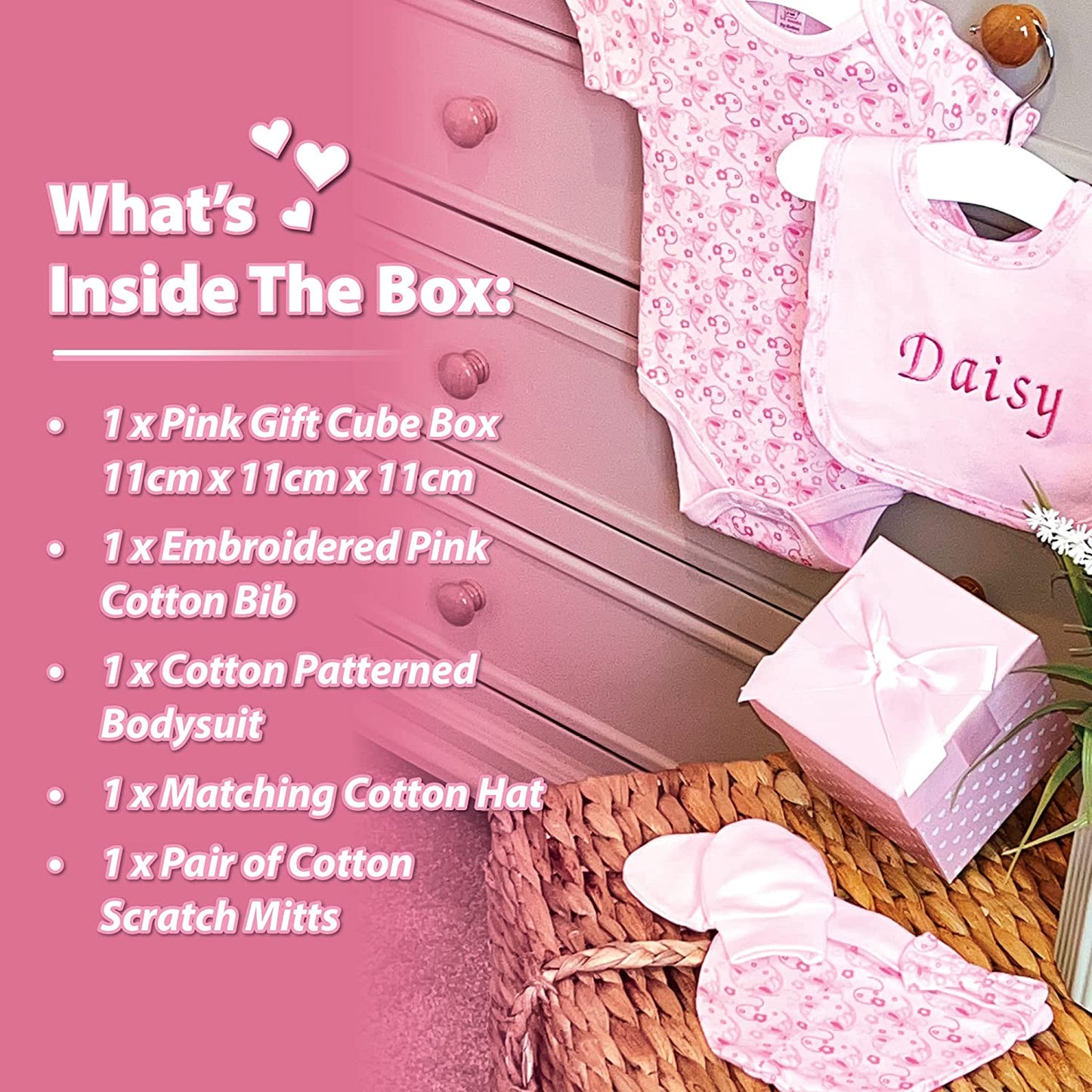 Baby Girl Gifts – Gift Box Personalised Pink Bib with Other Essential Baby Clothes