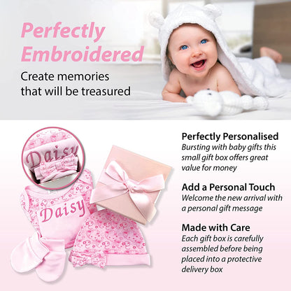 Baby Girl Gifts – Gift Box Personalised Pink Bib with Other Essential Baby Clothes