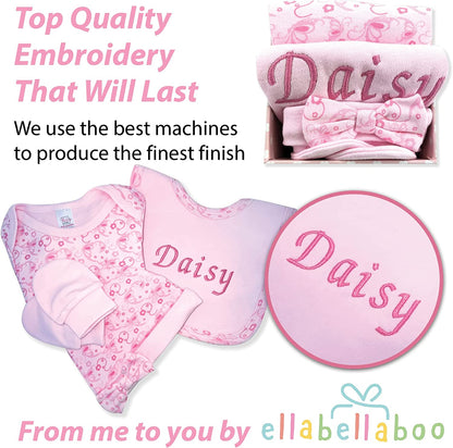 Baby Girl Gifts – Gift Box Personalised Pink Bib with Other Essential Baby Clothes