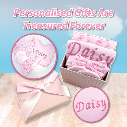 Baby Girl Gifts – Gift Box Personalised Pink Bib with Other Essential Baby Clothes