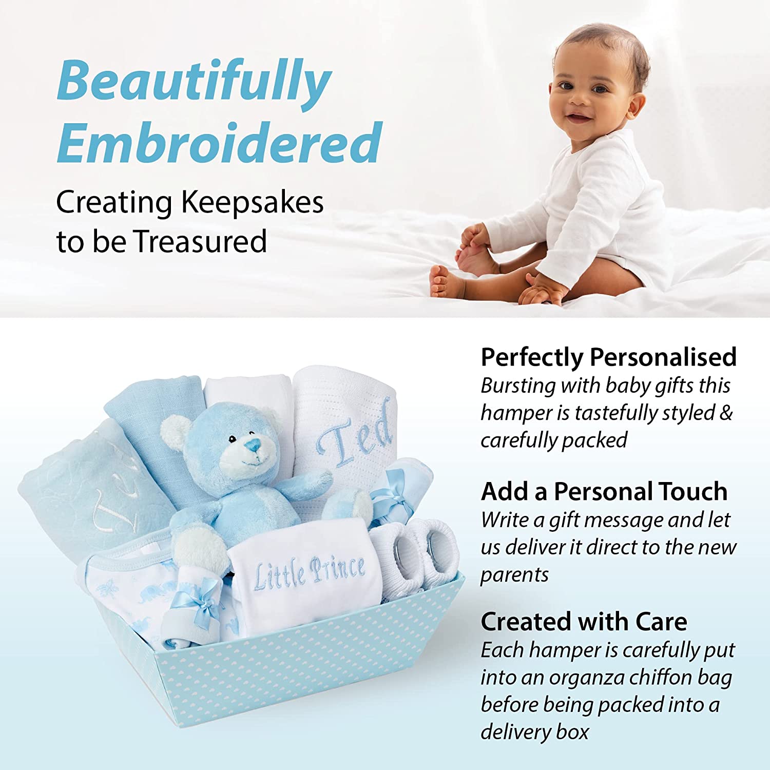 Baby Gift Set – Personalised Baby Gift Baskets Newborn Essentials in Blue Tray ellabellaboo