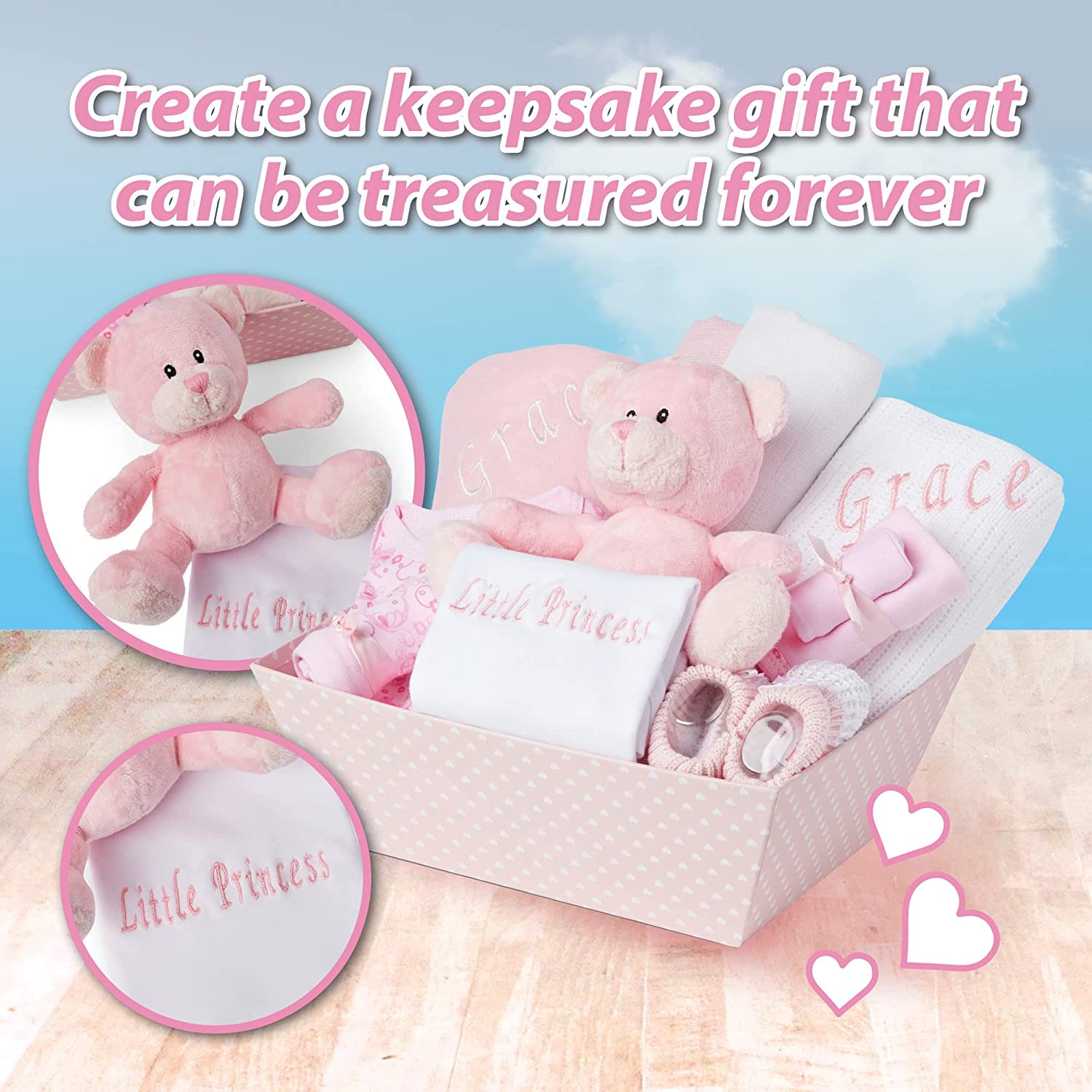 Baby Gift Set – Personalised Baby Gift Baskets Newborn Essentials in Pink Tray ellabellaboo