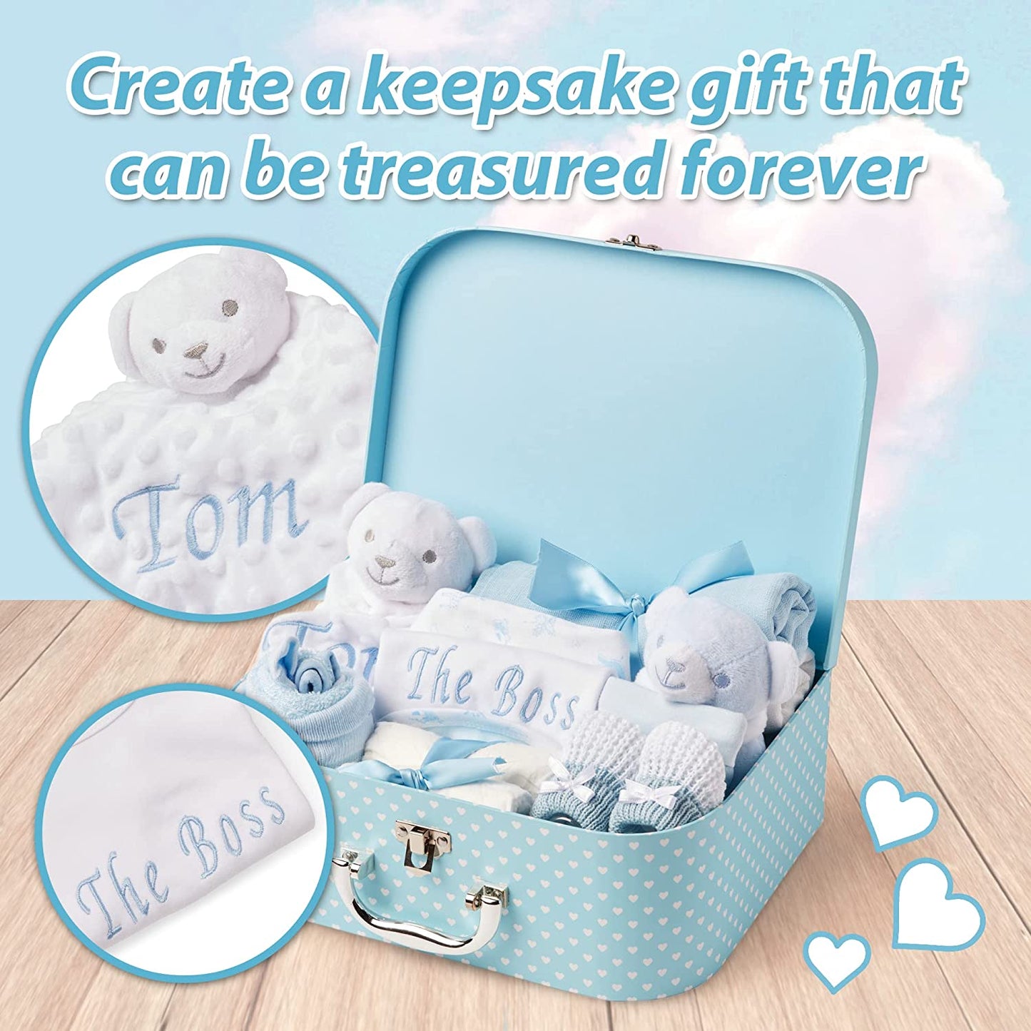 Baby Gift Set – Personalised Baby Gift Baskets Newborn Essentials in Blue Case ellabellaboo