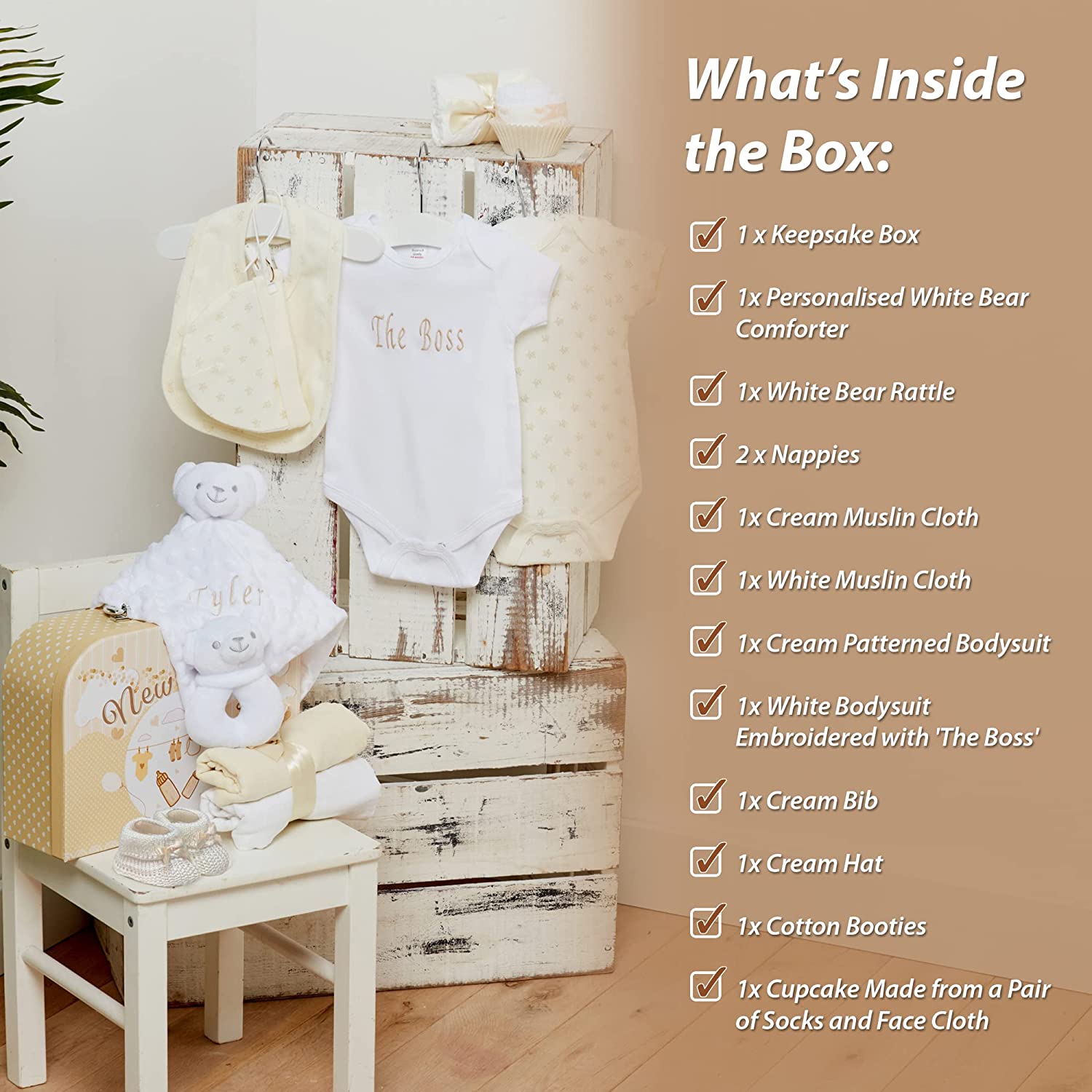 Baby Gift Set – Personalised Baby Gift Baskets Newborn Essentials in Cream Case ellabellaboo