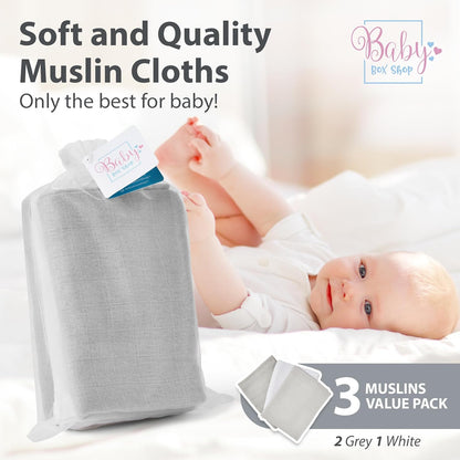 100% Cotton Muslin Cloths Unisex Baby Essentials 2 x Grey 1 x White (Pack of 3)