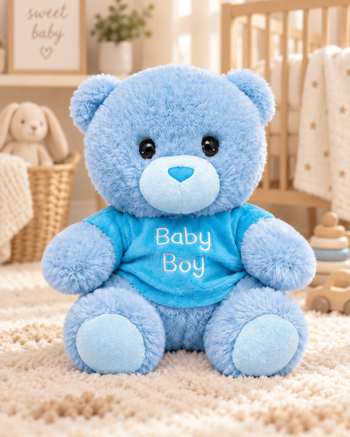 Blue , KEEL-B , Hero Shot ,

Blue teddy bear soft toy with embroidered facial features and an embroidered Baby Boy t-shirt