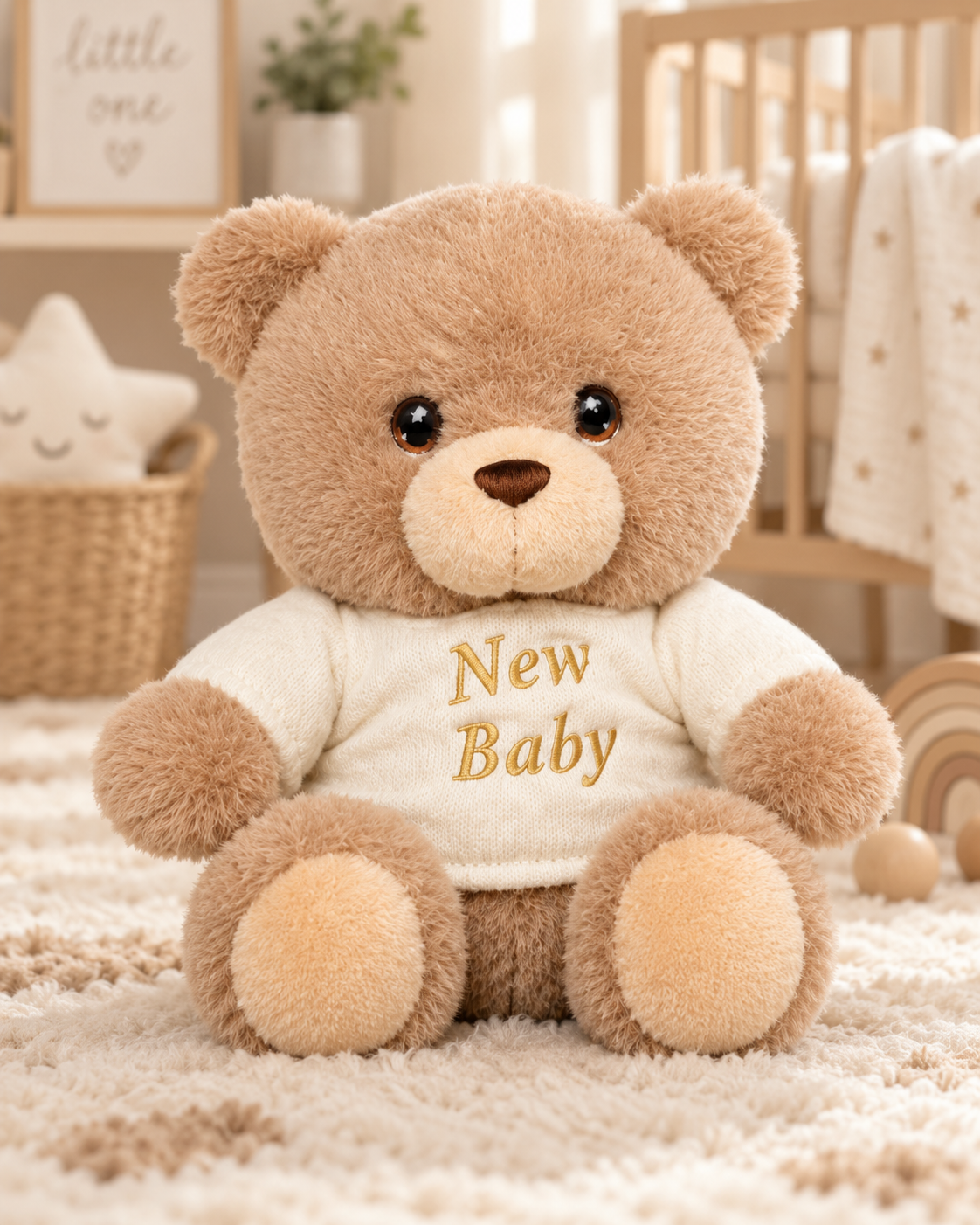 Brown , KEEL-BR , Hero Shot ,

Brown teddy bear soft toy with embroidered facial features and an embroidered New Baby t-shirt