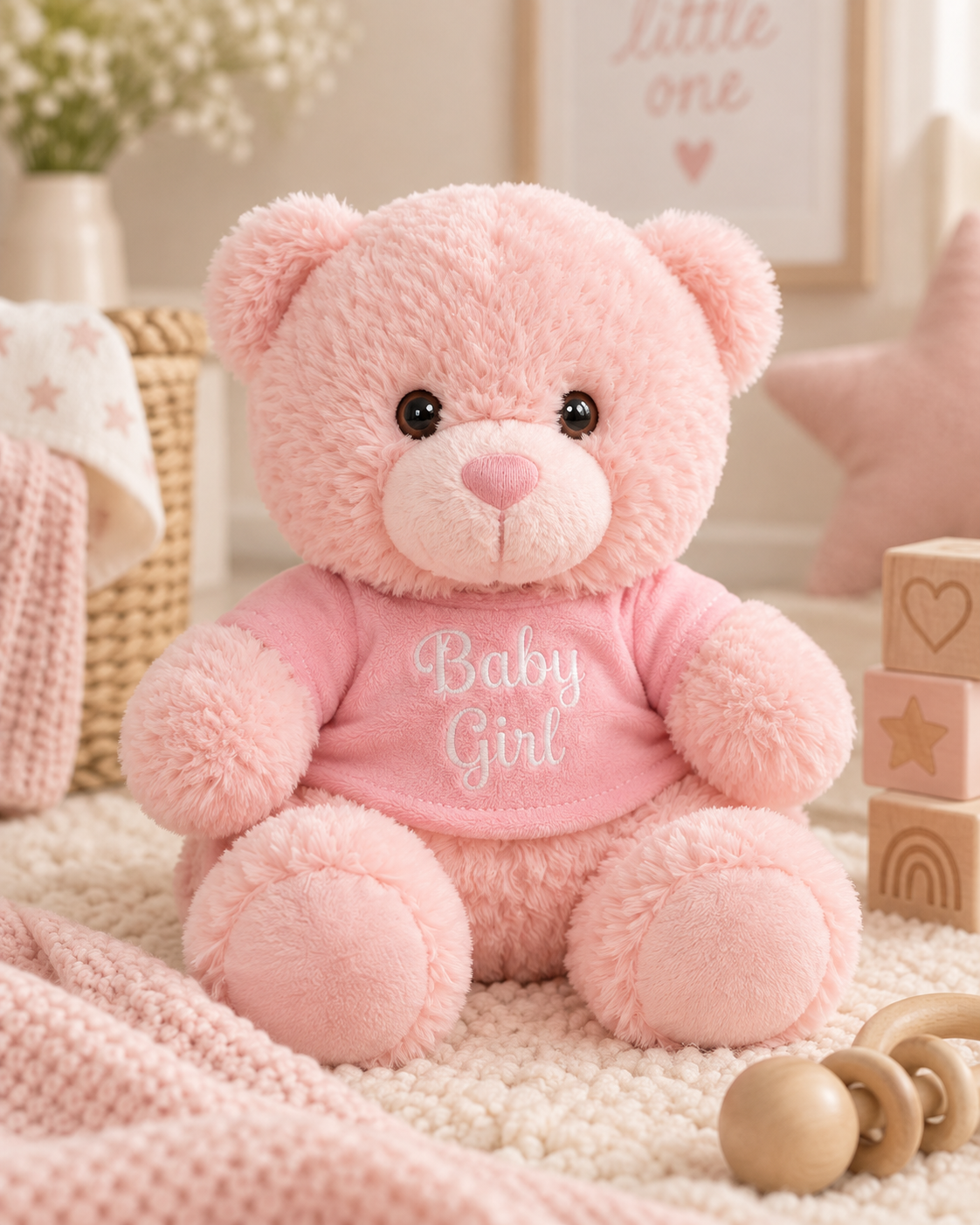Pink , KEEL-P , Hero Shot ,

Pink teddy bear soft toy with embroidered facial features and an embroidered Baby Girl t-shirt
