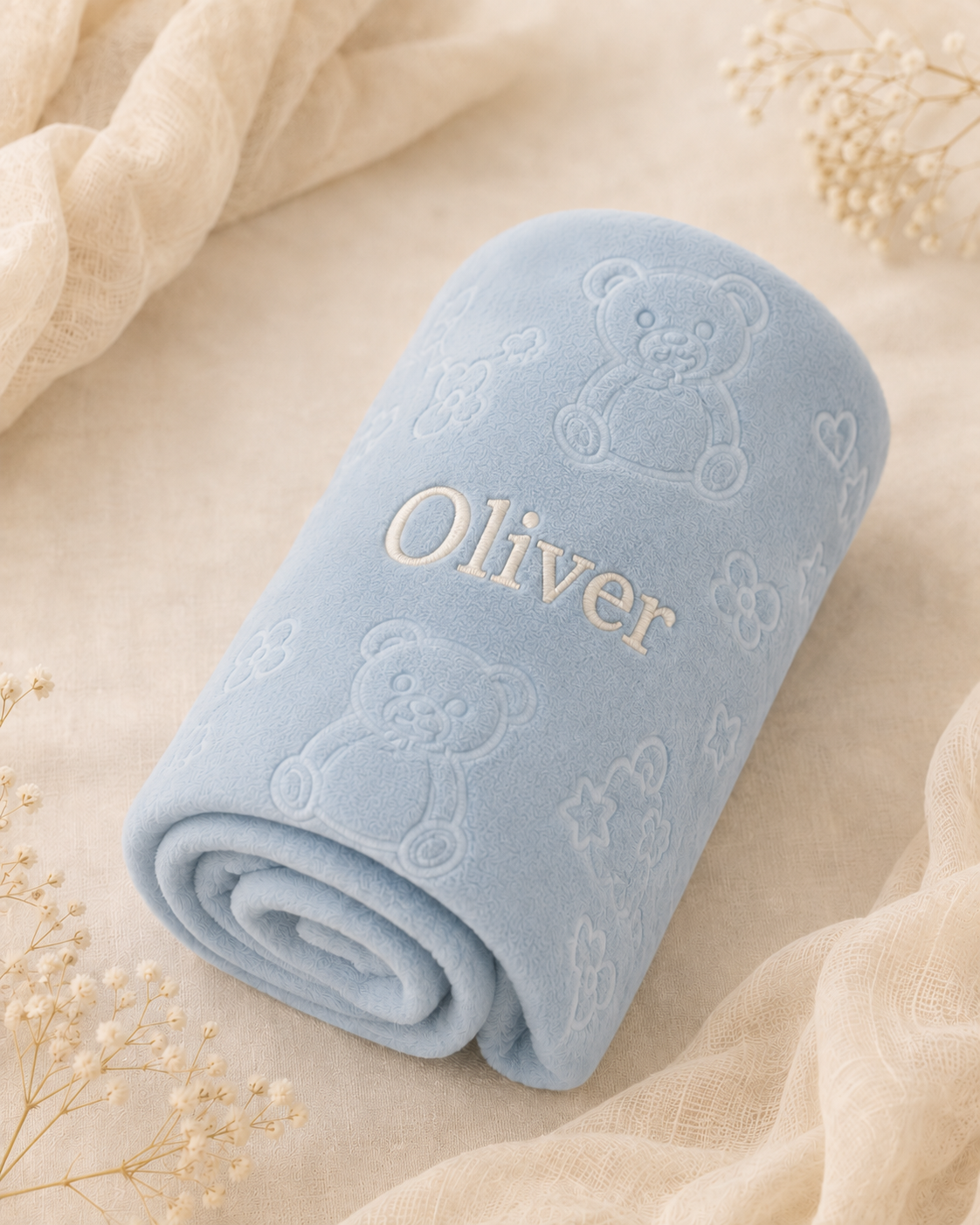 Blue - EMB - 9PZ01-B-EMB - Close-up of the blue fleece blanket with embroidered personalisation