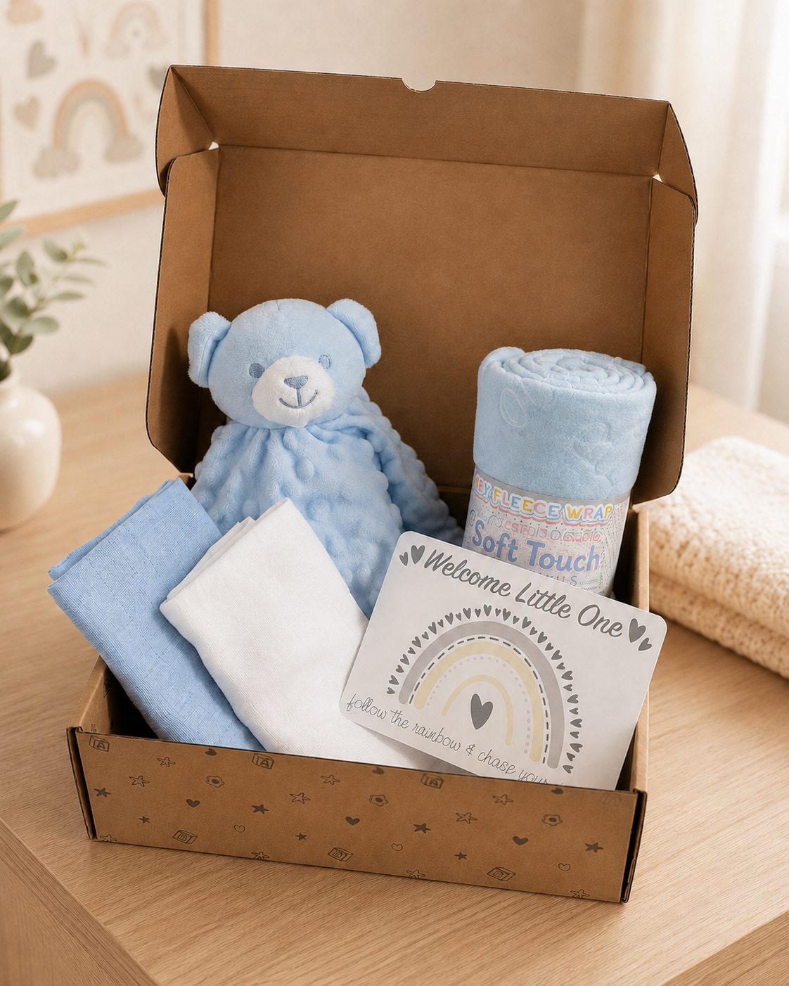 Blue - 9PZ01-B - Blue gift box containing a white muslin, blue muslin, blue bear comforter, blue fleece blanket and gift card