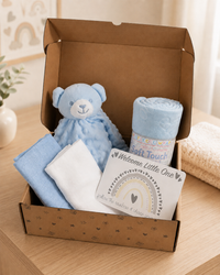 Blue - 9PZ01-B - Blue gift box containing a white muslin, blue muslin, blue bear comforter, blue fleece blanket and gift card