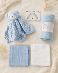 Blue - 9PZ01-B - The blue set laid out with both muslins, the bear comforter, fleece blanket and gift card