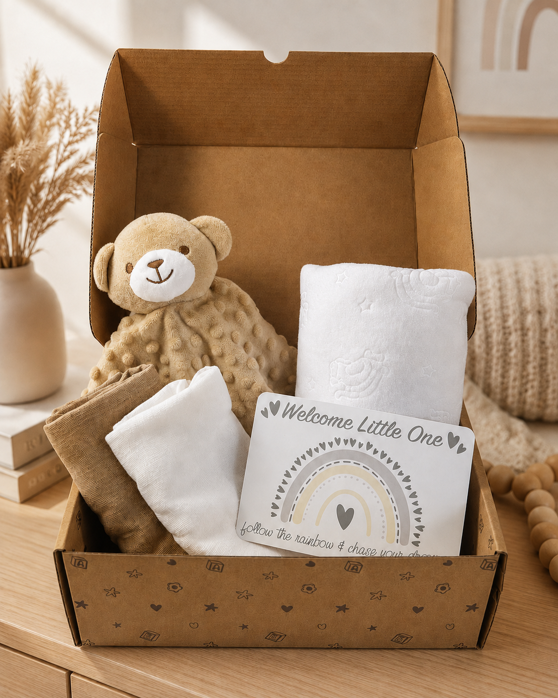Biscuit - 9PZ01-BI - Biscuit gift box containing a white muslin, biscuit muslin, bear comforter, white fleece blanket and gift card