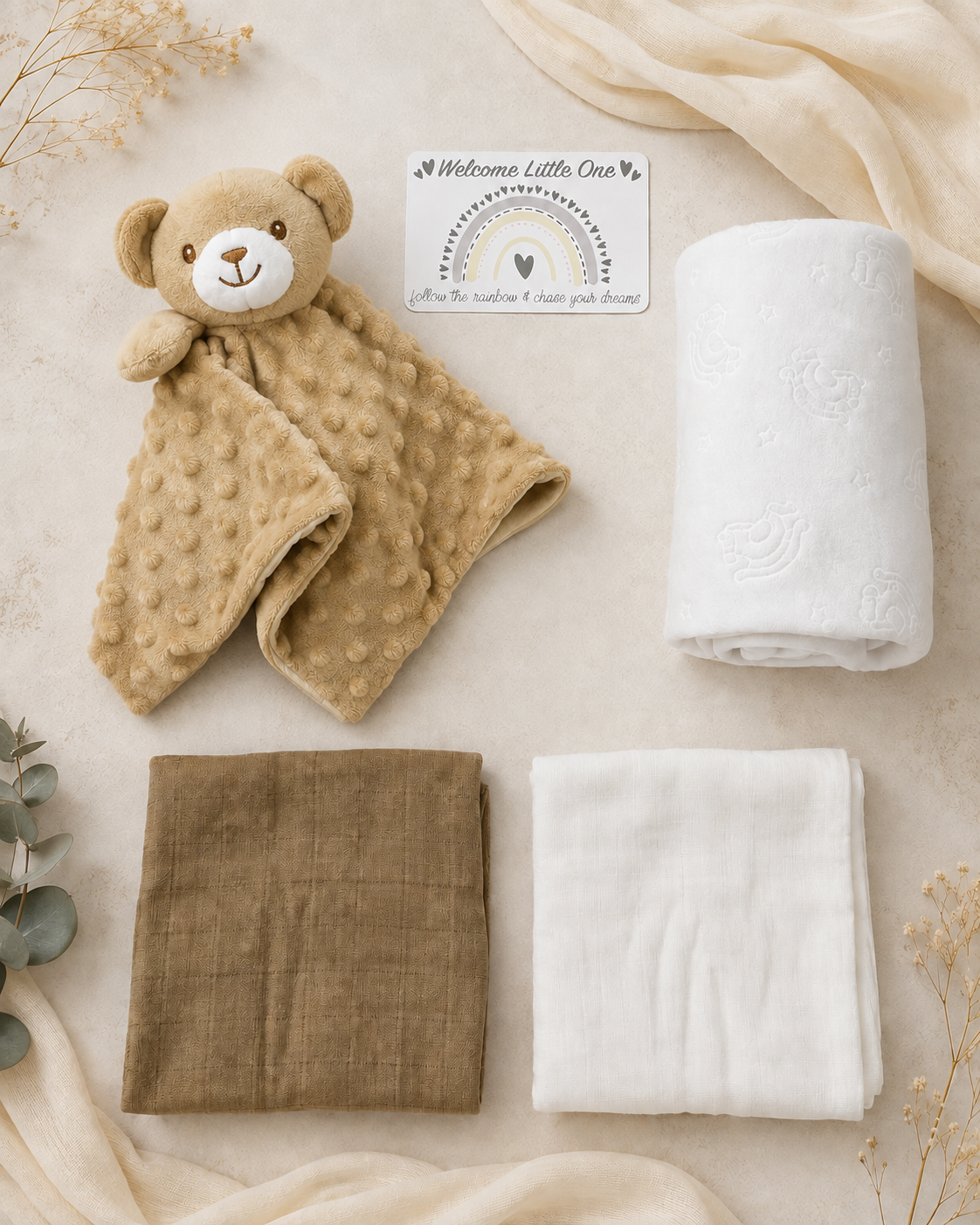 Biscuit - 9PZ01-BI - The biscuit set laid out with white muslin, biscuit muslin, the bear comforter, fleece blanket and gift card