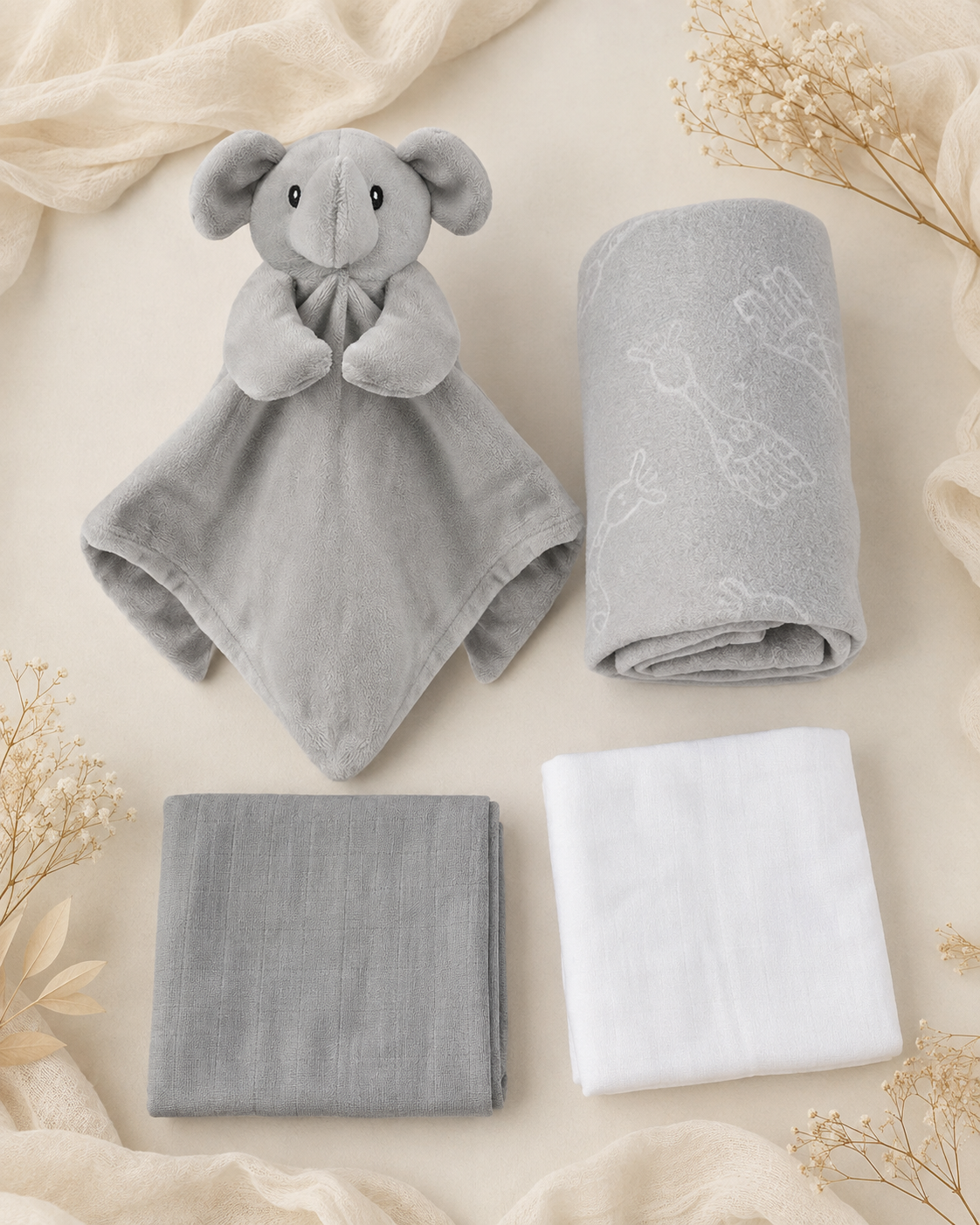 Grey - 9PZ01-G - The grey set laid out with both muslins, the elephant comforter and the fleece blanket