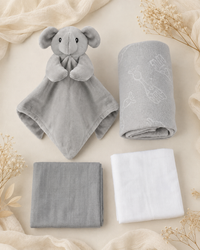 Grey - 9PZ01-G - The grey set laid out with both muslins, the elephant comforter and the fleece blanket