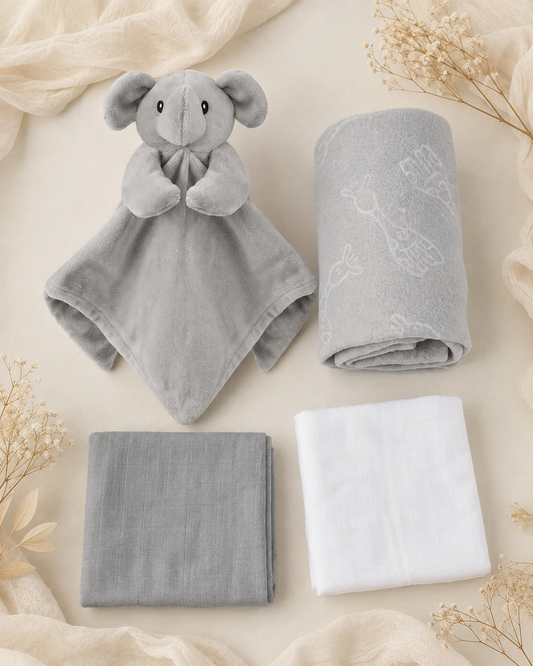 Grey - 9PZ01-G - The grey set laid out with both muslins, the elephant comforter and the fleece blanket