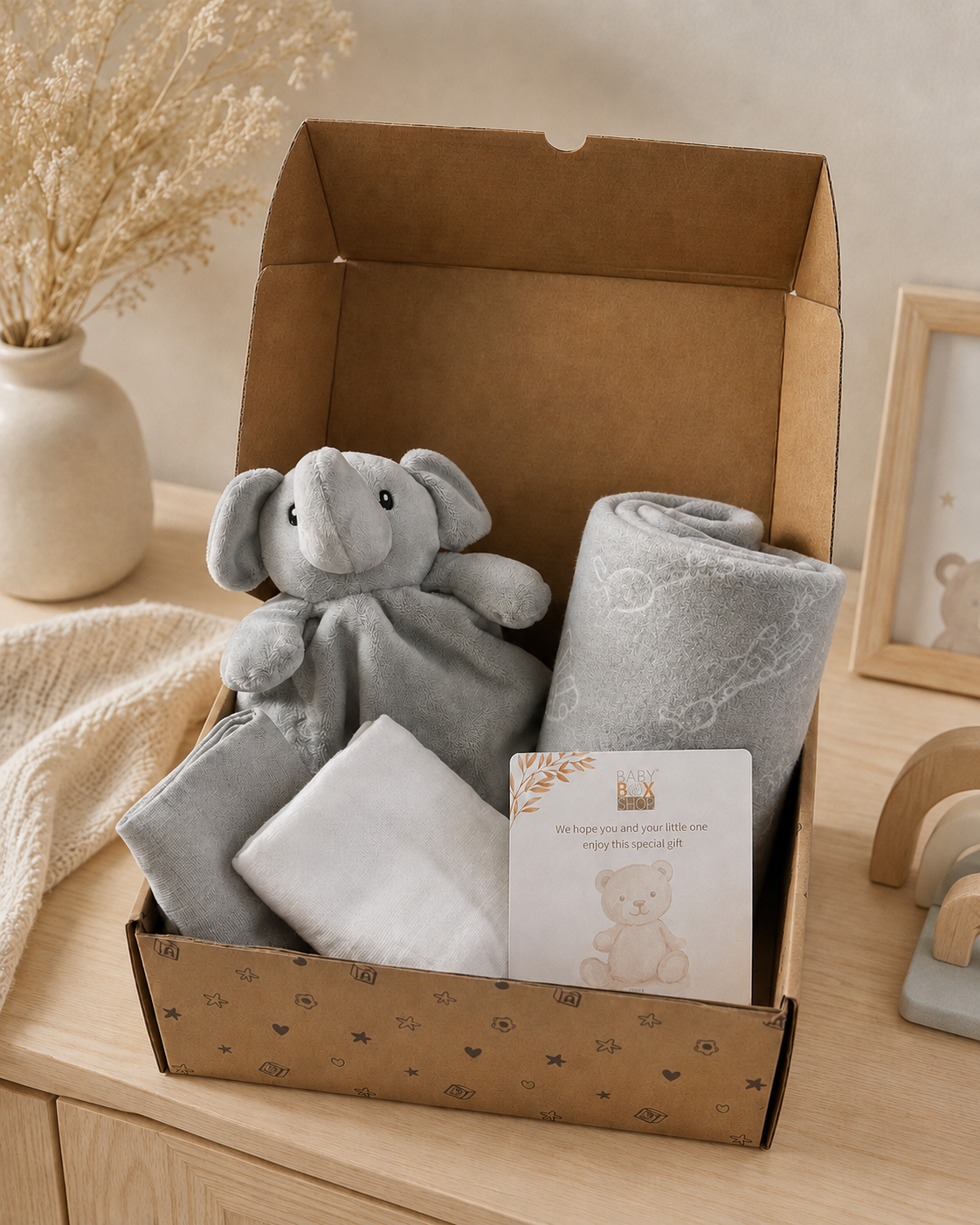 Grey - 9PZ01-G - Grey gift box containing a white muslin, grey muslin, grey elephant comforter, fleece blanket and gift card