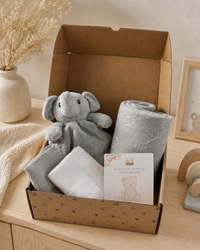 Grey - 9PZ01-G - Grey gift box containing a white muslin, grey muslin, grey elephant comforter, fleece blanket and gift card