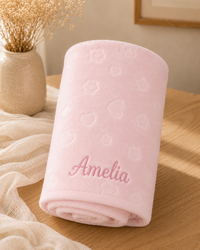 Pink - EMB - 9PZ01-P-EMB - Close-up of the pink fleece blanket with embroidered personalisation