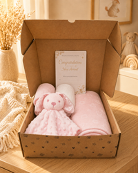 Pink - 9PZ01-P - Pink gift box containing a white muslin, pink muslin, pink bunny comforter, pink fleece blanket and gift card
