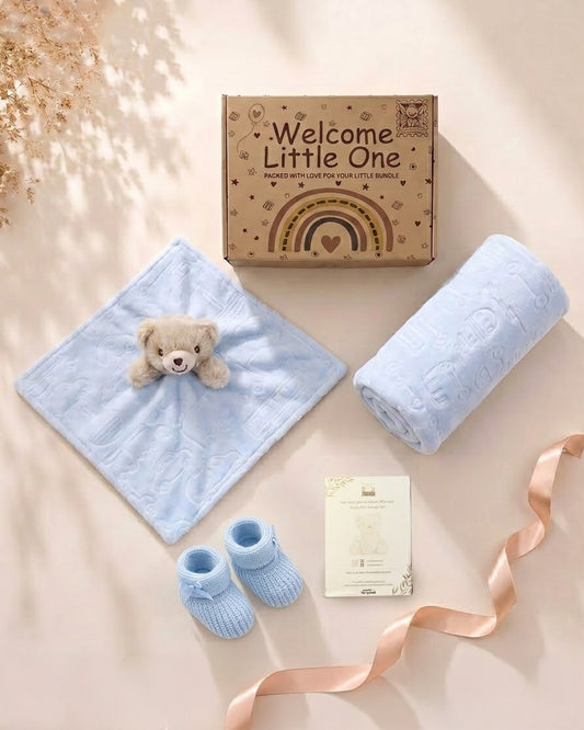 Blue - 9PZ305-B - Blue gift box shown open and flat with the character comforter, matching flannel blanket and bootees