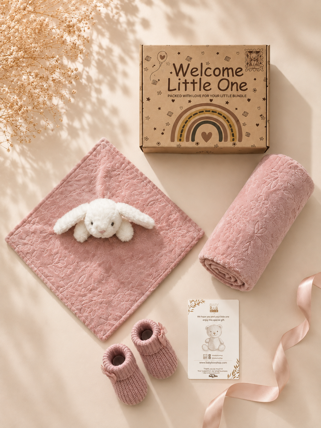 Dusty Pink - 9PZ305-DP - Dusty pink gift box shown open and flat with the character comforter, matching flannel blanket and bootees