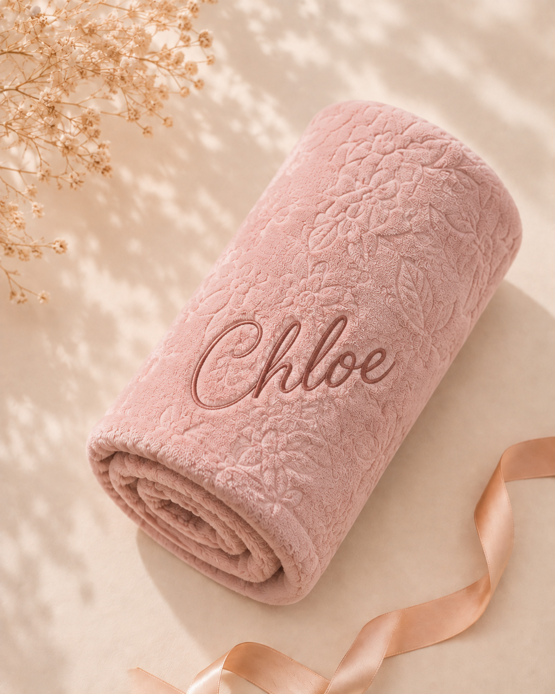 Dusty Pink - EMB - 9PZ305-DP-EMB - Close-up of the dusty pink flannel blanket with embroidered personalisation
