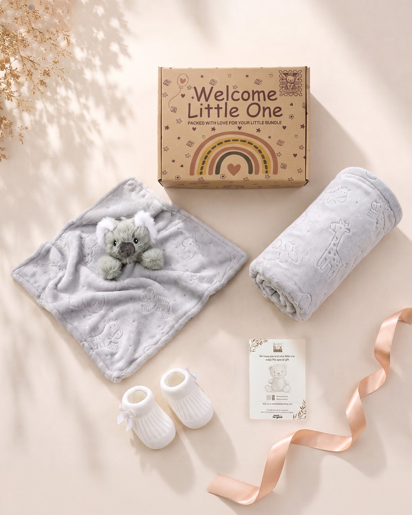 Grey - 9PZ305-G - Grey gift box shown open and flat with the character comforter, matching flannel blanket and bootees