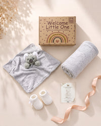 Grey - 9PZ305-G - Grey gift box shown open and flat with the character comforter, matching flannel blanket and bootees