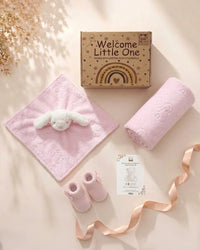 Pink - 9PZ305-P - Pink gift box shown open and flat with the character comforter, matching flannel blanket and bootees