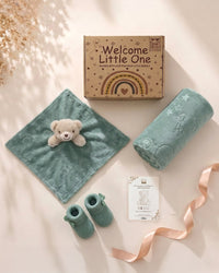Sage Green - 9PZ305-SG - Sage green gift box shown open and flat with the character comforter, matching flannel blanket and bootees
