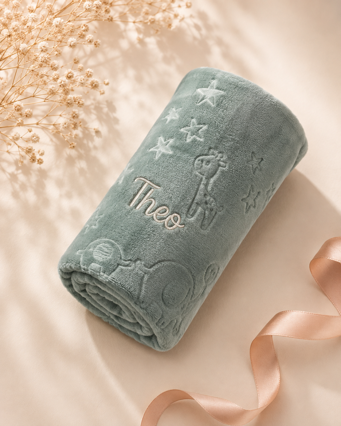 Sage Green - EMB - 9PZ305-SG-EMB - Close-up of the sage green flannel blanket with embroidered personalisation