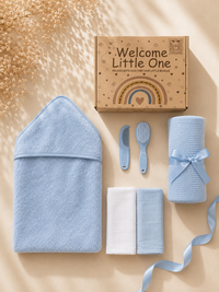 Blue - 9PZ51-B - Blue cotton gift box shown open and flat with the cellular blanket, hooded towel, muslin squares and brush and comb set