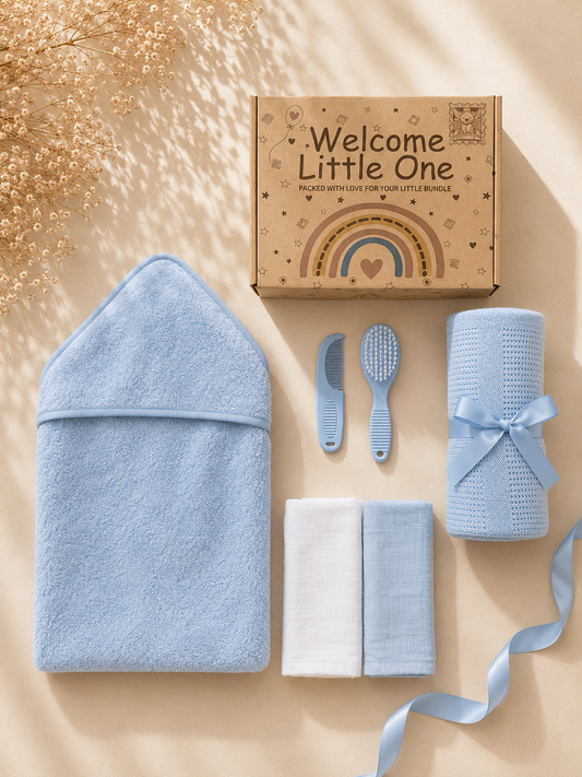 Blue - 9PZ51-B - Blue cotton gift box shown open and flat with the cellular blanket, hooded towel, muslin squares and brush and comb set