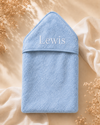 Blue - EMB - 9PZ51-B-EMB - Close-up of the blue hooded towel with embroidered personalisation