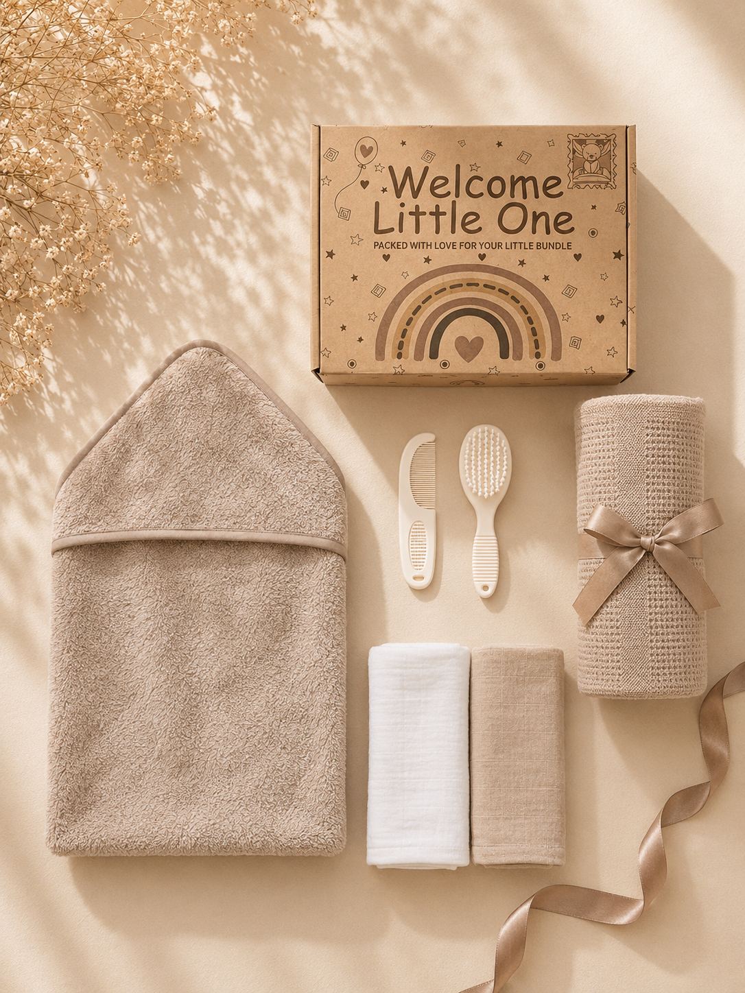 Coffee - 9PZ51-COF - Coffee cotton gift box shown open and flat with the cellular blanket, hooded towel, muslin squares and brush and comb set