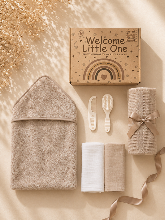 Coffee - 9PZ51-COF - Coffee cotton gift box shown open and flat with the cellular blanket, hooded towel, muslin squares and brush and comb set