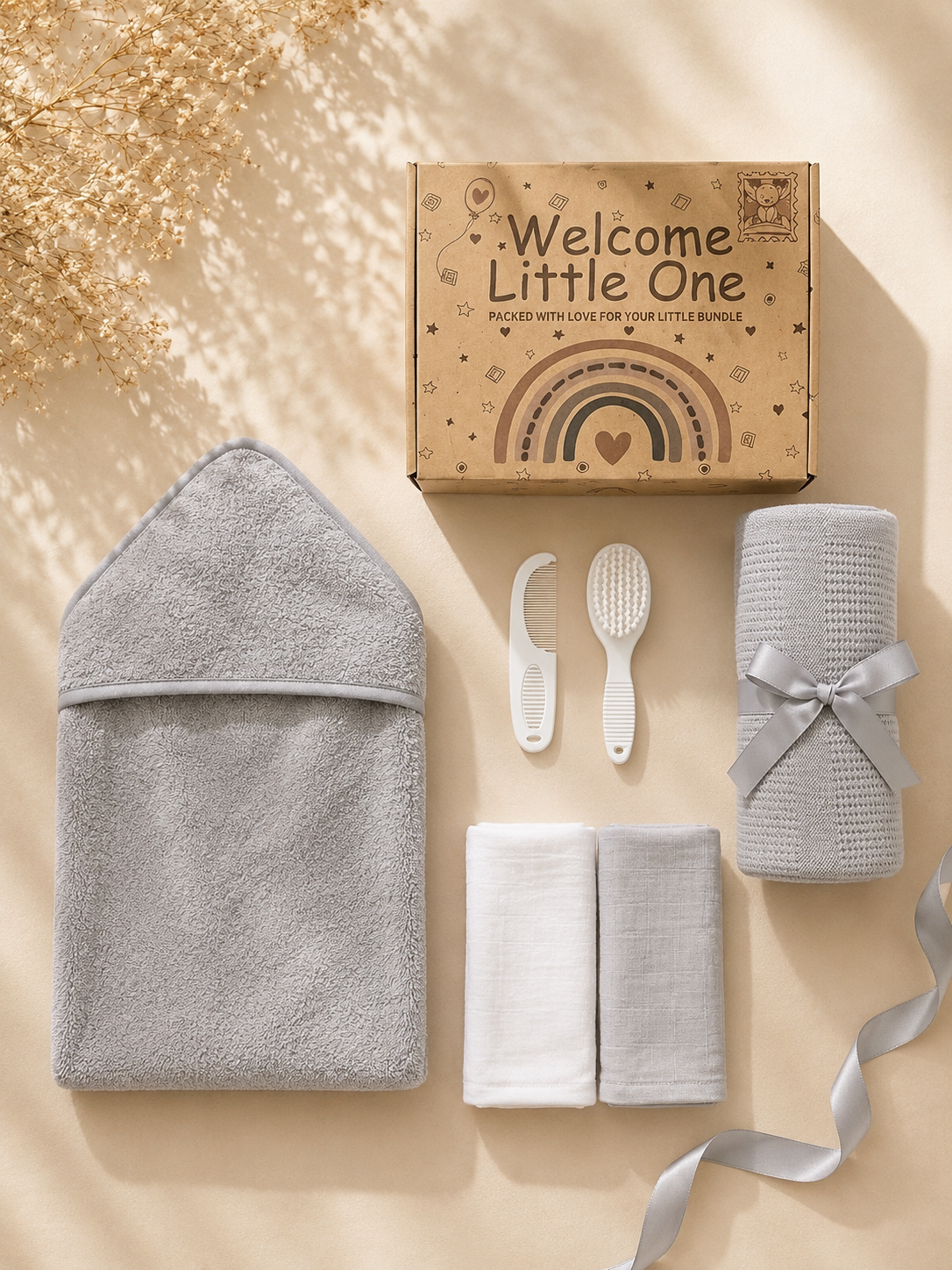 Grey - 9PZ51-G - Grey cotton gift box shown open and flat with the cellular blanket, hooded towel, muslin squares and brush and comb set