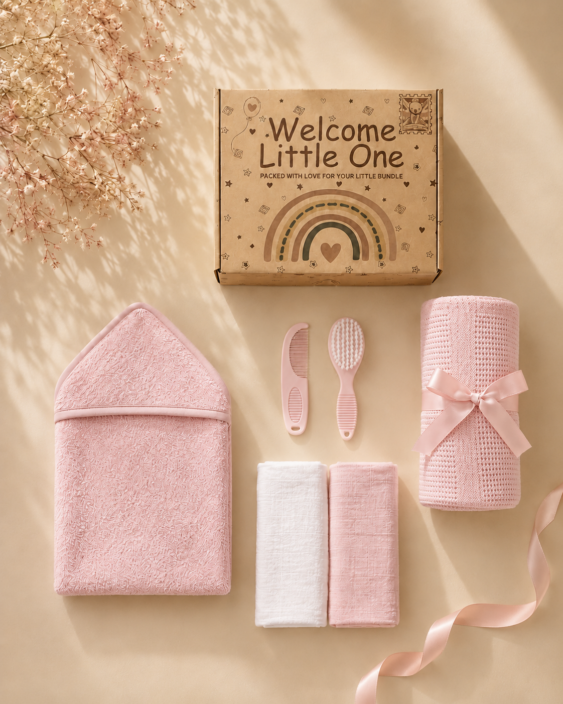 Pink - 9PZ51-P - Pink cotton gift box shown open and flat with the cellular blanket, hooded towel, muslin squares and brush and comb set