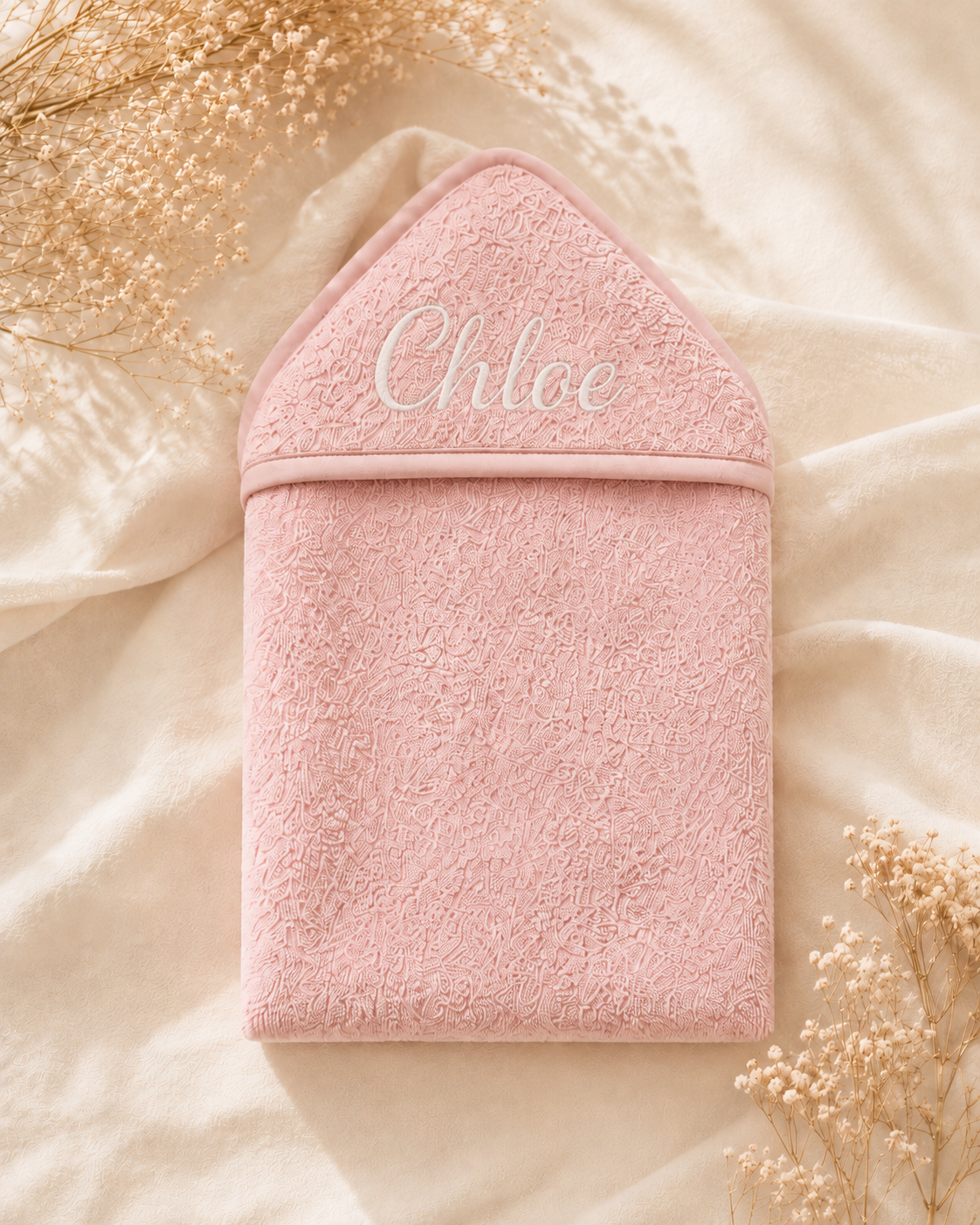 Pink - EMB - 9PZ51-P-EMB - Close-up of the pink hooded towel with embroidered personalisation