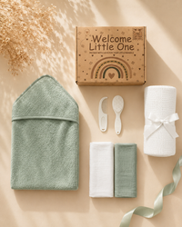 Sage Green - 9PZ51-SG - Sage green cotton gift box shown open and flat with the cellular blanket, hooded towel, muslin squares and brush and comb set