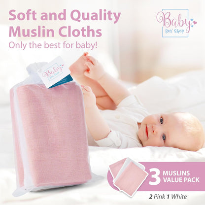 100% Cotton Muslin Cloths Baby Essentials 2 x Pink 1 x White (Pack of 3)