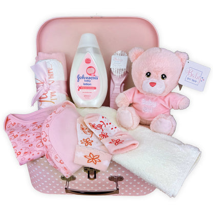 Ultimate Newborn Baby Girl Gift Hamper with Teddy Bear, Baby Clothing, in a Pink Keepsake Suitcase - Luxury Baby Shower Present Includes Grooming Set & Other Baby Essentials