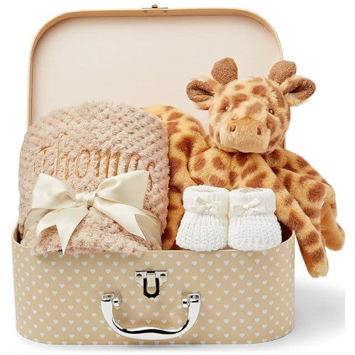 Personalised New Baby Gifts Set - Unisex Baby Gifts Personalised, Baby Hamper - Baby Personalised Gifts, New Born Baby Set with Giraffe Baby Comforter