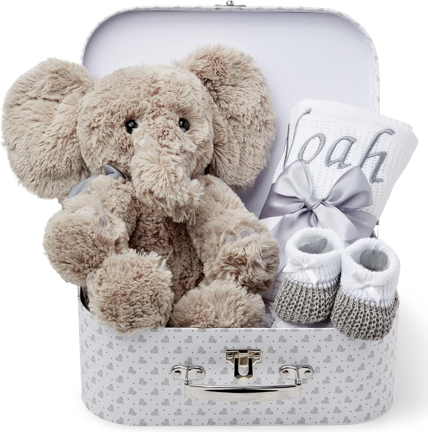 Unisex Baby Gift Set - Personalised White Stars Elephant