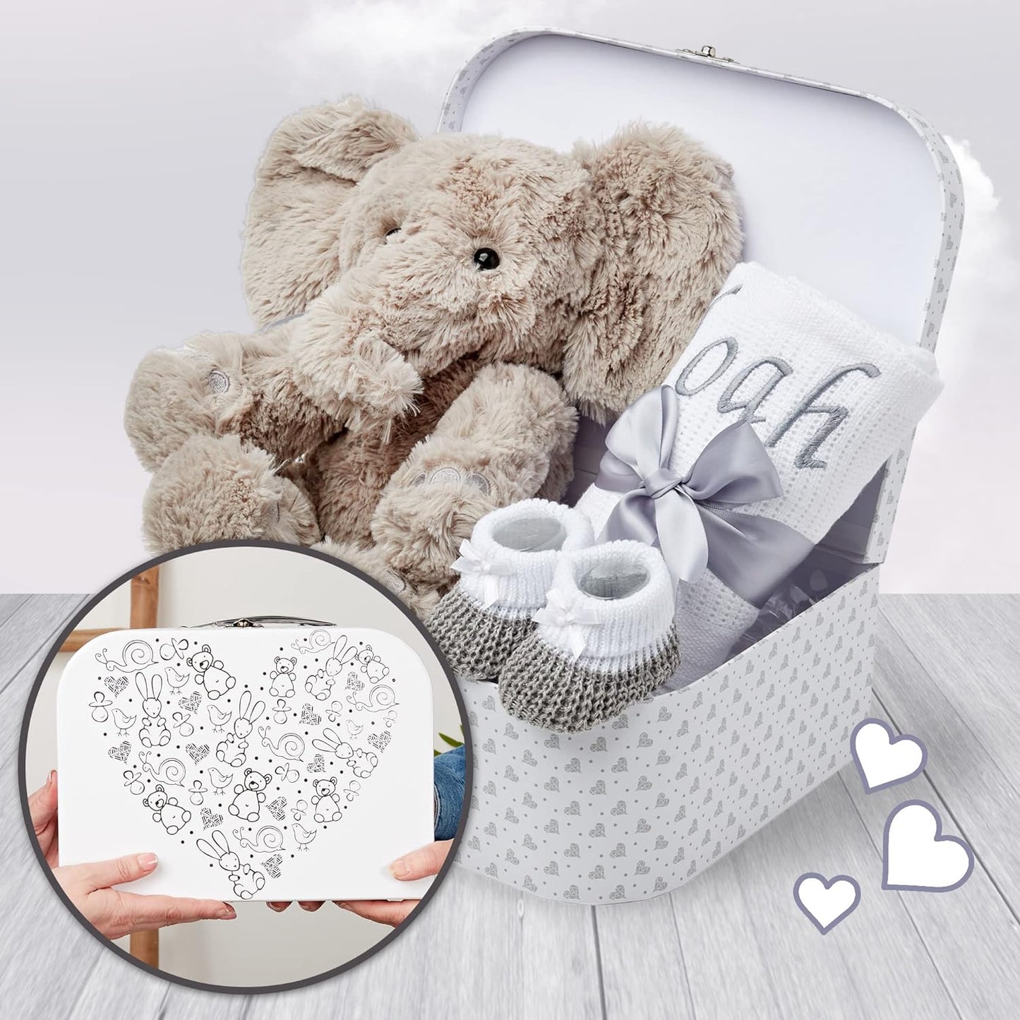 Unisex Baby Gift Set - Personalised White Stars Elephant