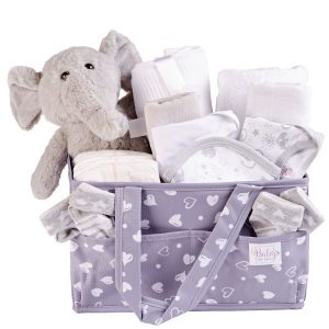Baby Gift Set – Nappy Caddy Bag in Unisex Grey Full of New Baby Items