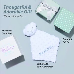Personalised Baby Gifts – Baby Comforter White with Teddy Bear Head
