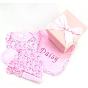 Baby Girl Gifts – Gift Box Personalised Pink Bib with Other Essential Baby Clothes